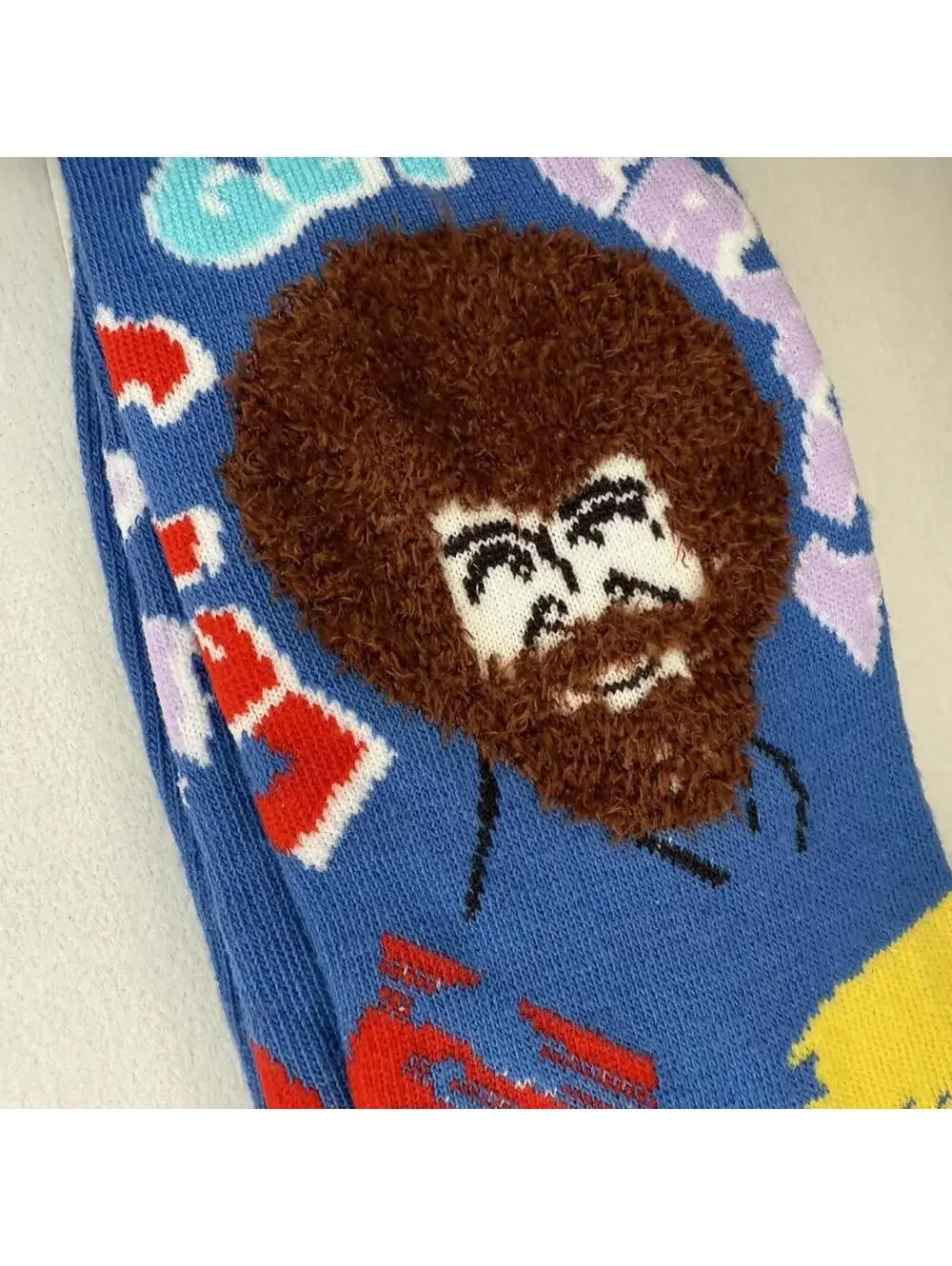 Bob Ross 3D Fuzzy Hair Crew Socks Get Crazy Blue Portrait Retro 80s NWT